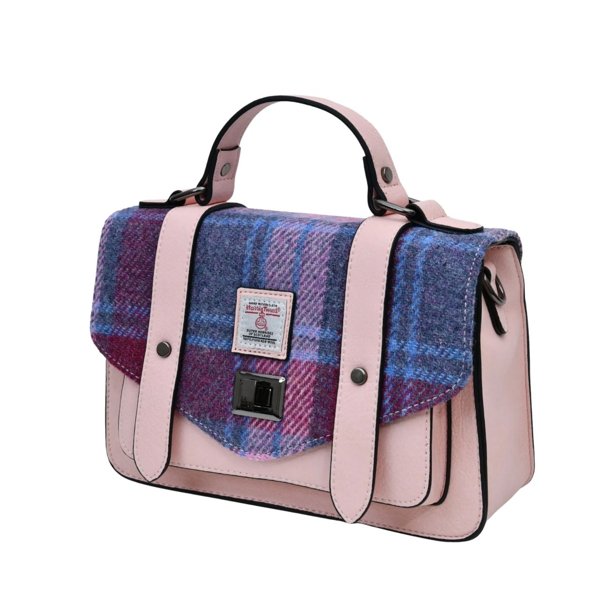 Islander Harris Tweed Medium Satchel 'Pink and Blue Tartan'