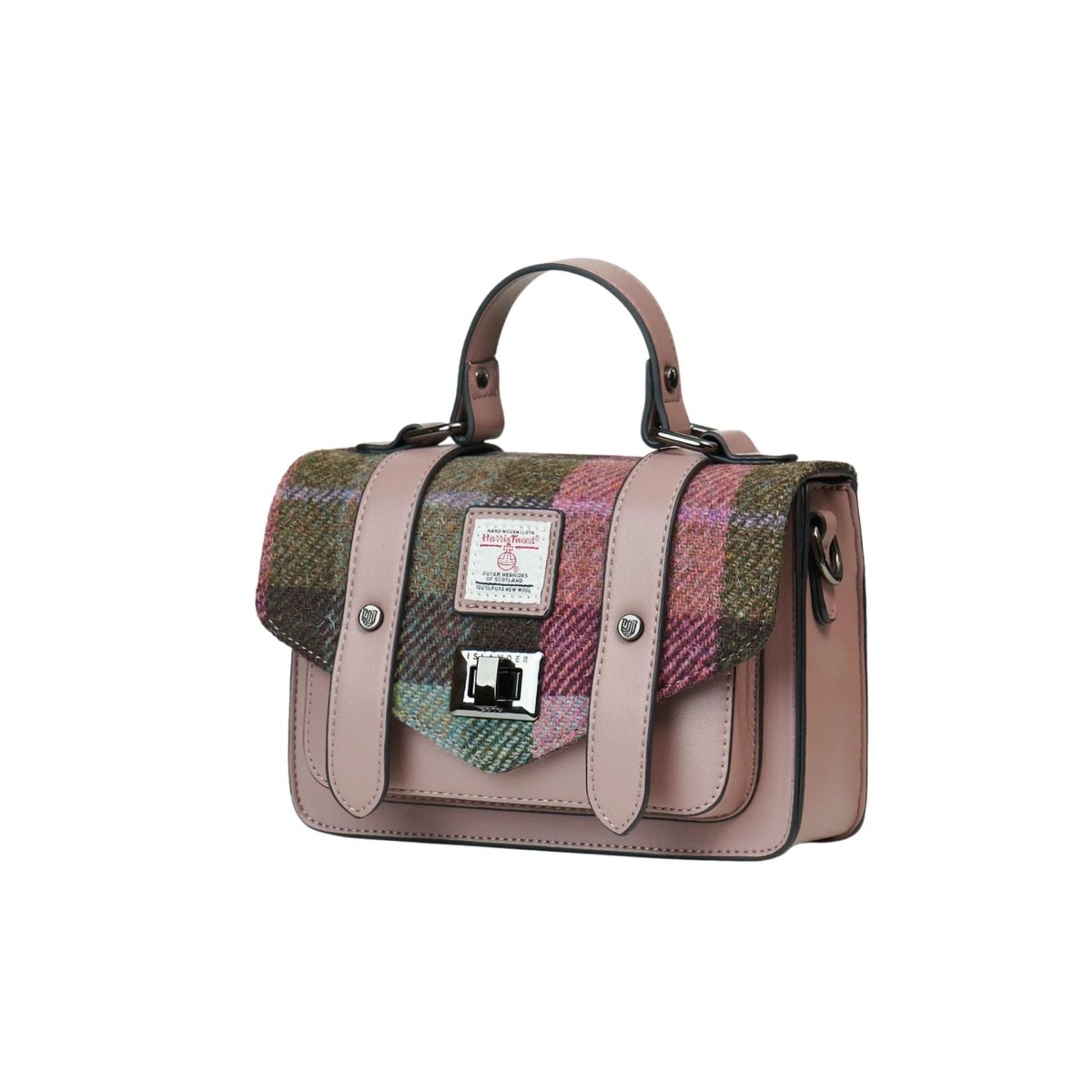 Islander Harris Tweed Medium Satchel 'Pink and Green Tartan'