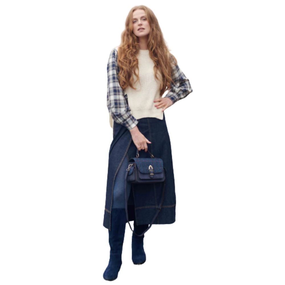 Islander Harris Tweed Melrose Leather Crossbody 'Navy Overcheck' - The Celtic Gift Store - Handbags