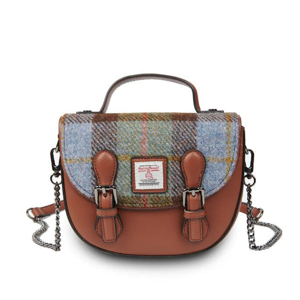 Islander Harris Tweed Mini Cobble Satchel 'Chestnut and Blue Tartan' - The Celtic Gift Store - Handbags
