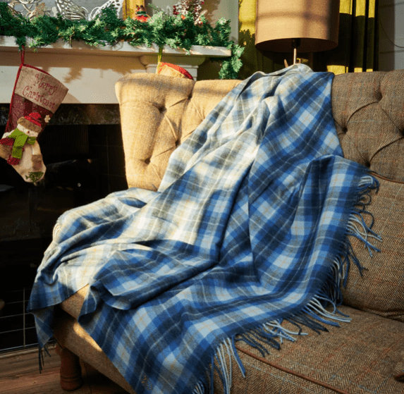 Islander Oversized Lambswool Blanket - Blue Tartan - The Celtic Gift Store - Blankets and Bedding
