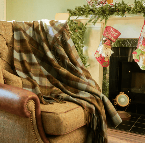 Islander Oversized Lambswool Blanket - Chestnut and Blue Tartan - The Celtic Gift Store - Blankets and Bedding
