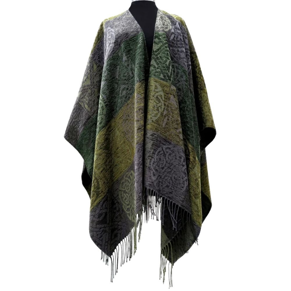Jacquard Celtic Knot Ruana Shawl - Green/Grey