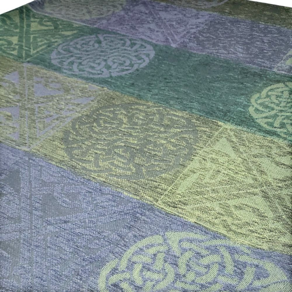 The Celtic Gift Store green and grey jacquard Celtic knot wrap made from chenille/wool blend. Features traditional unity and protection knot patterns.