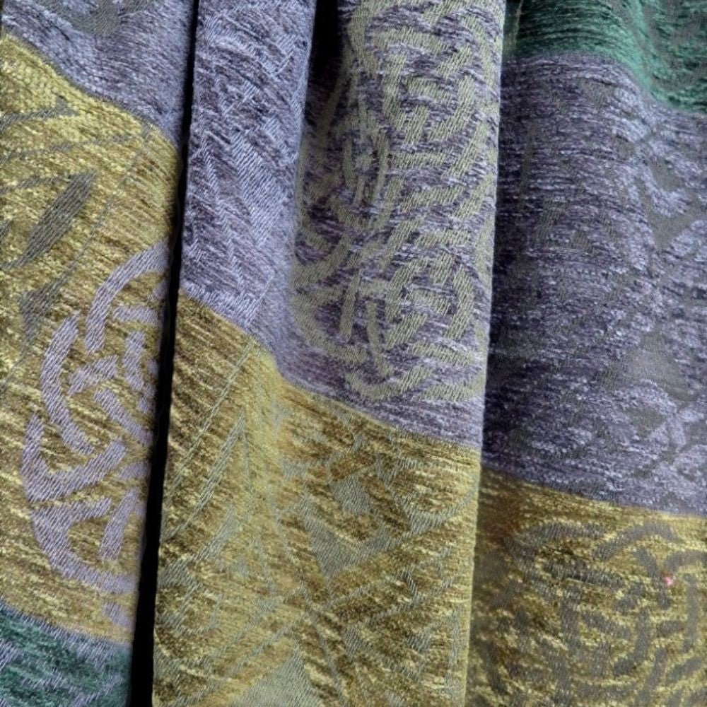 The Celtic Gift Store Jacquard Celtic Knot Wrap in green and grey chenille/wool blend. Features traditional Celtic knot patterns.