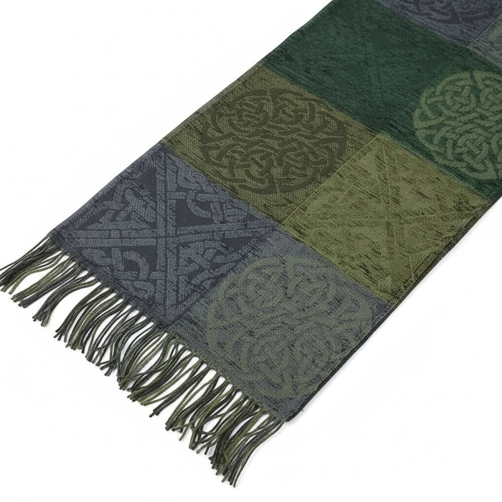 The Celtic Gift Store green and grey jacquard Celtic knot wrap made from chenille/wool blend with fringed edges.