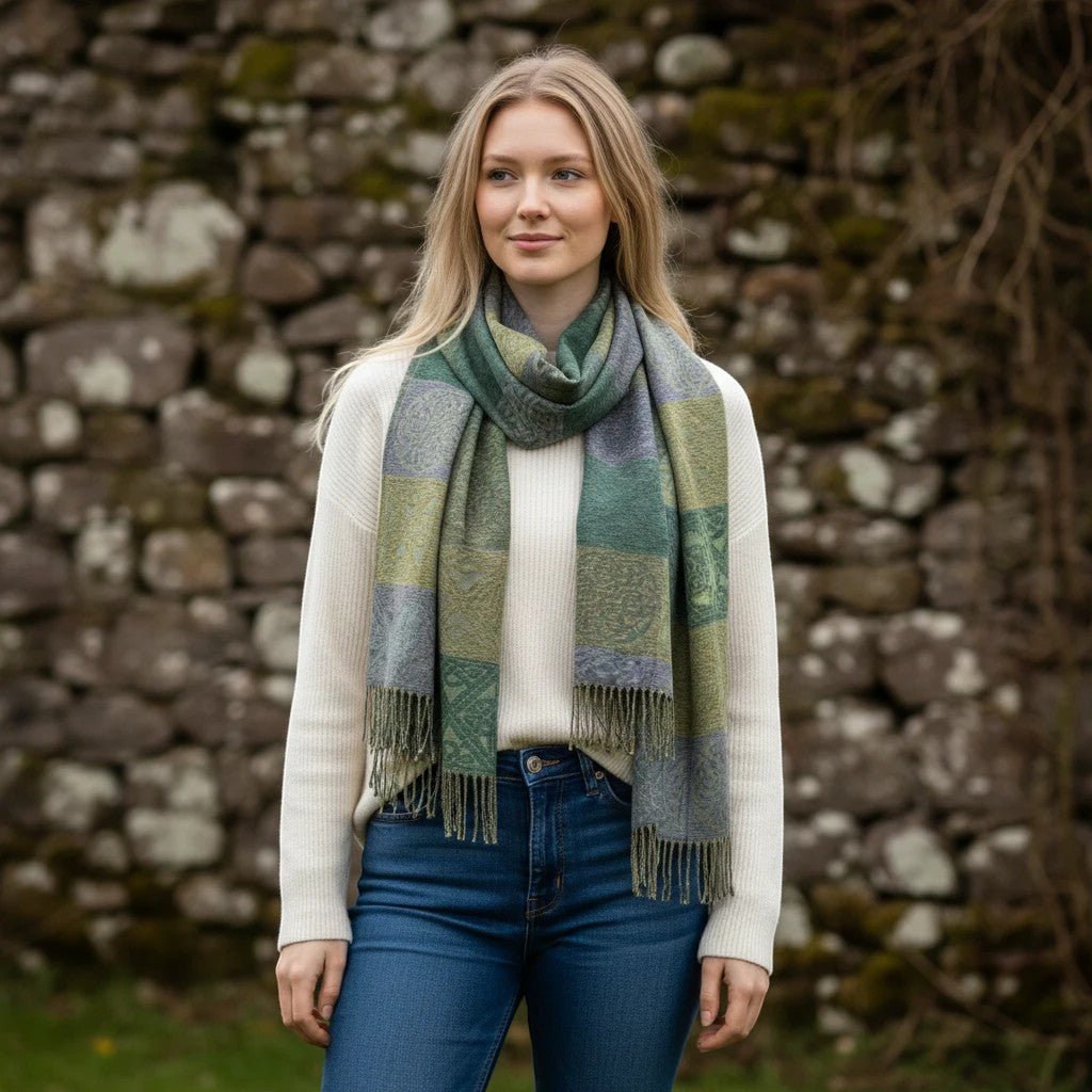 The Celtic Gift Store green and grey jacquard Celtic knot wrap made from chenille/wool blend with fringed edges.