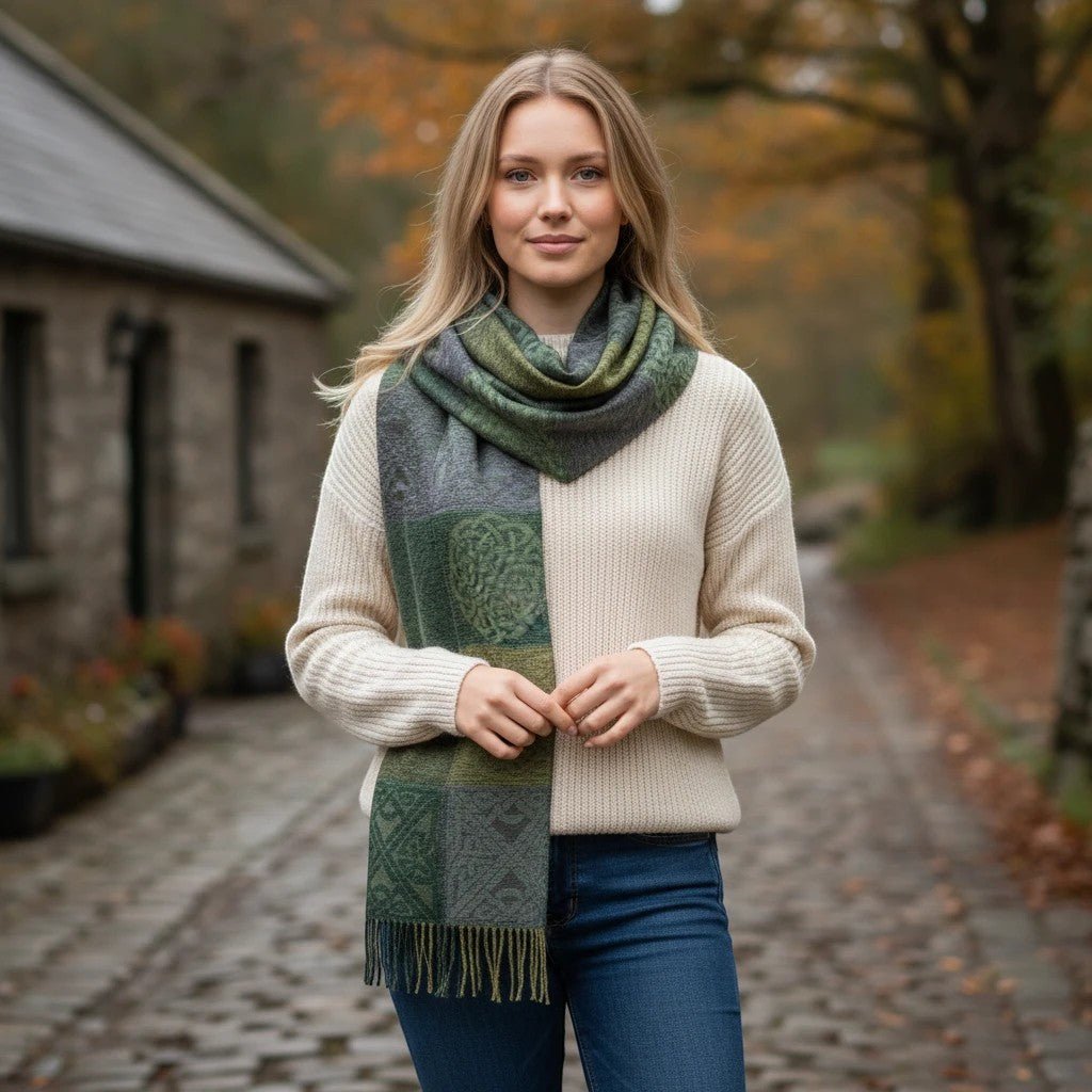 The Celtic Gift Store green and grey jacquard Celtic knot wrap made of chenille/wool blend. Model wears it with a cream sweater and jeans.