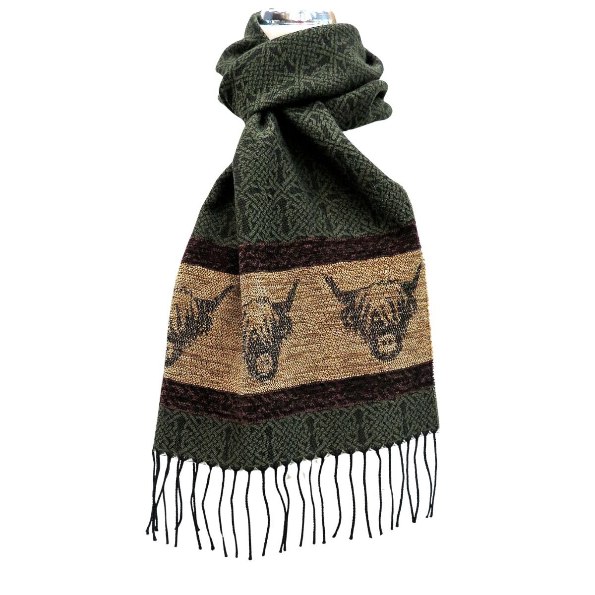 Jacquard Highland Cow Scarf - Green/Brown