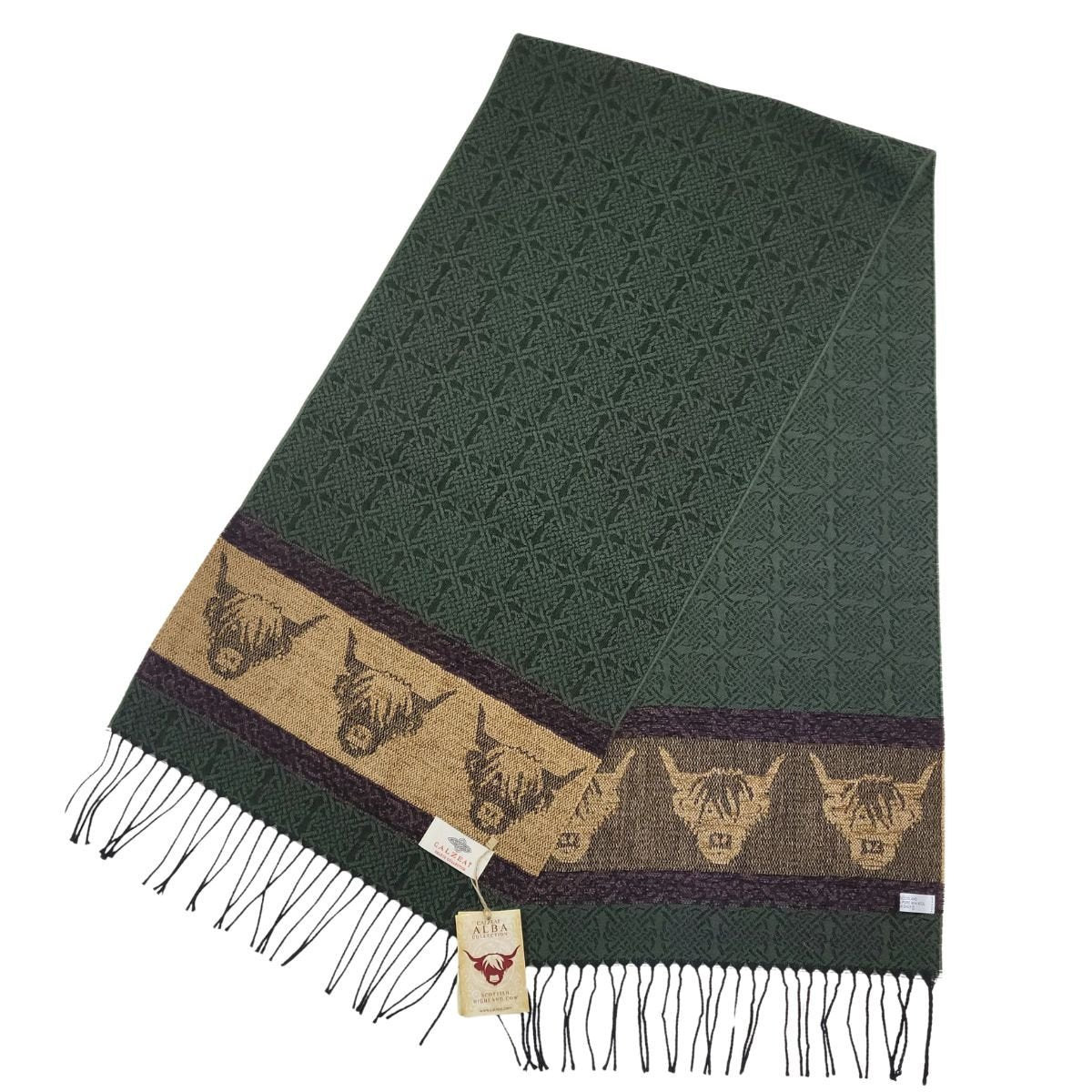 Jacquard Highland Cow Scarf - Green/Brown