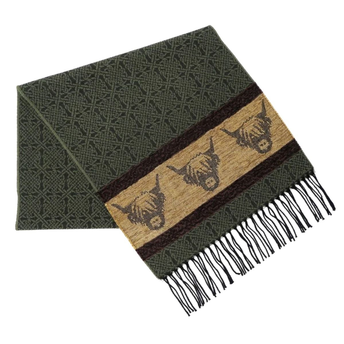 Jacquard Highland Cow Scarf - Green/Brown