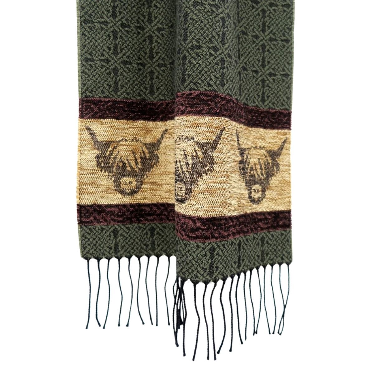 Jacquard Highland Cow Scarf - Green/Brown
