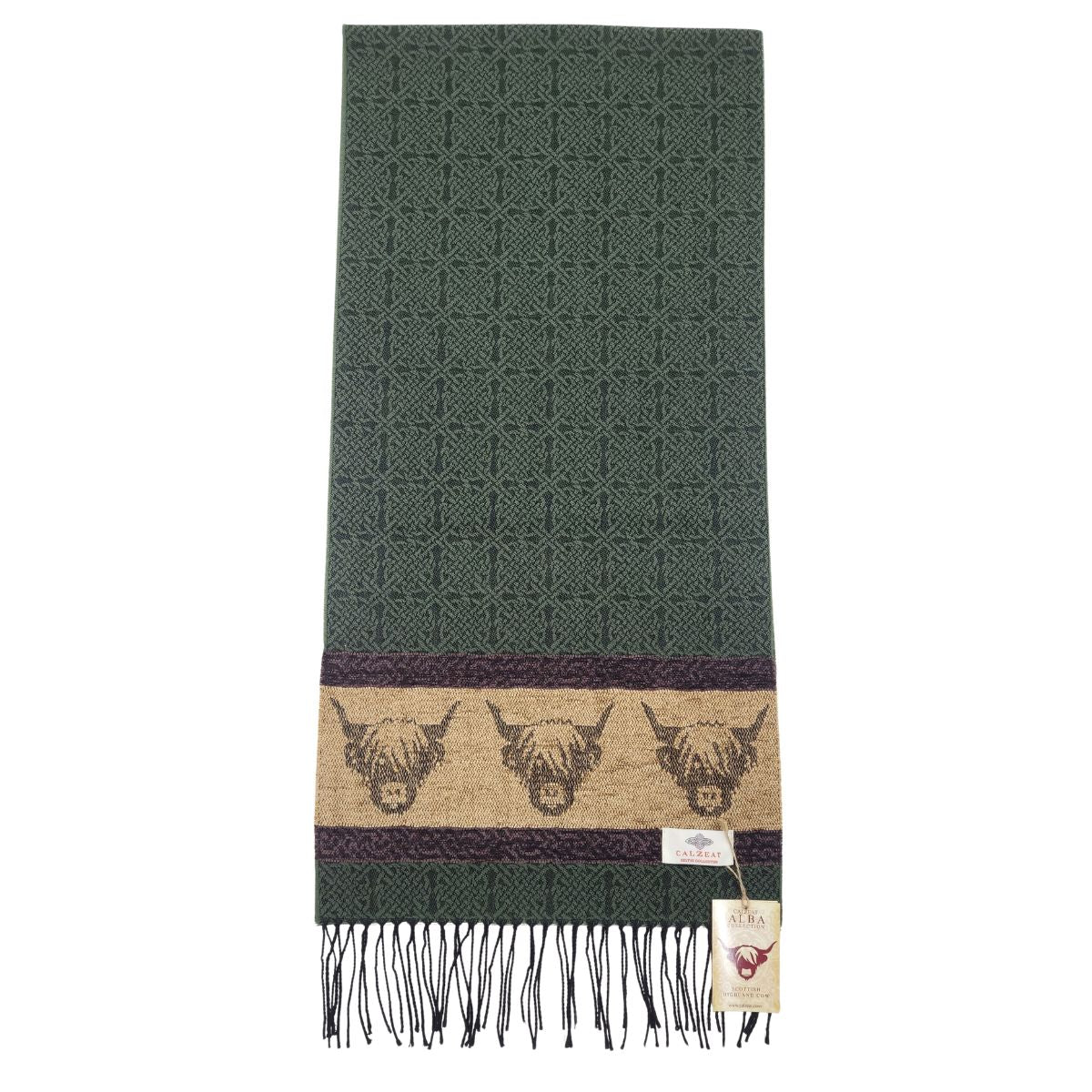 Jacquard Highland Cow Scarf - Green/Brown