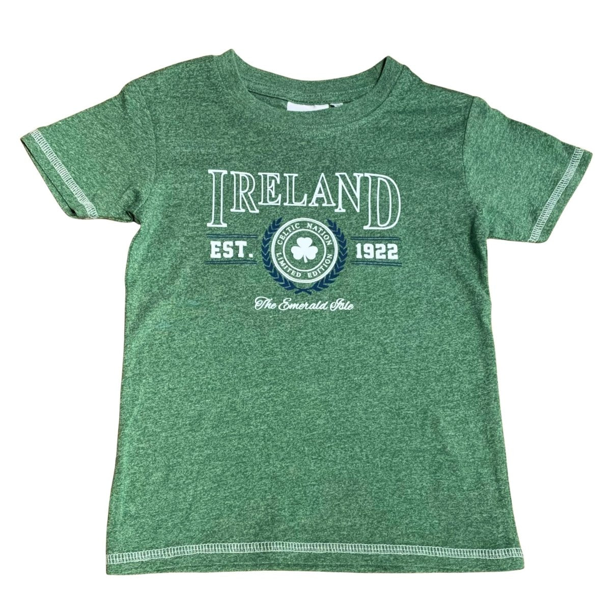 Kids green Ireland collegiate T-shirt with Celtic shamrock crest and Est. 1922