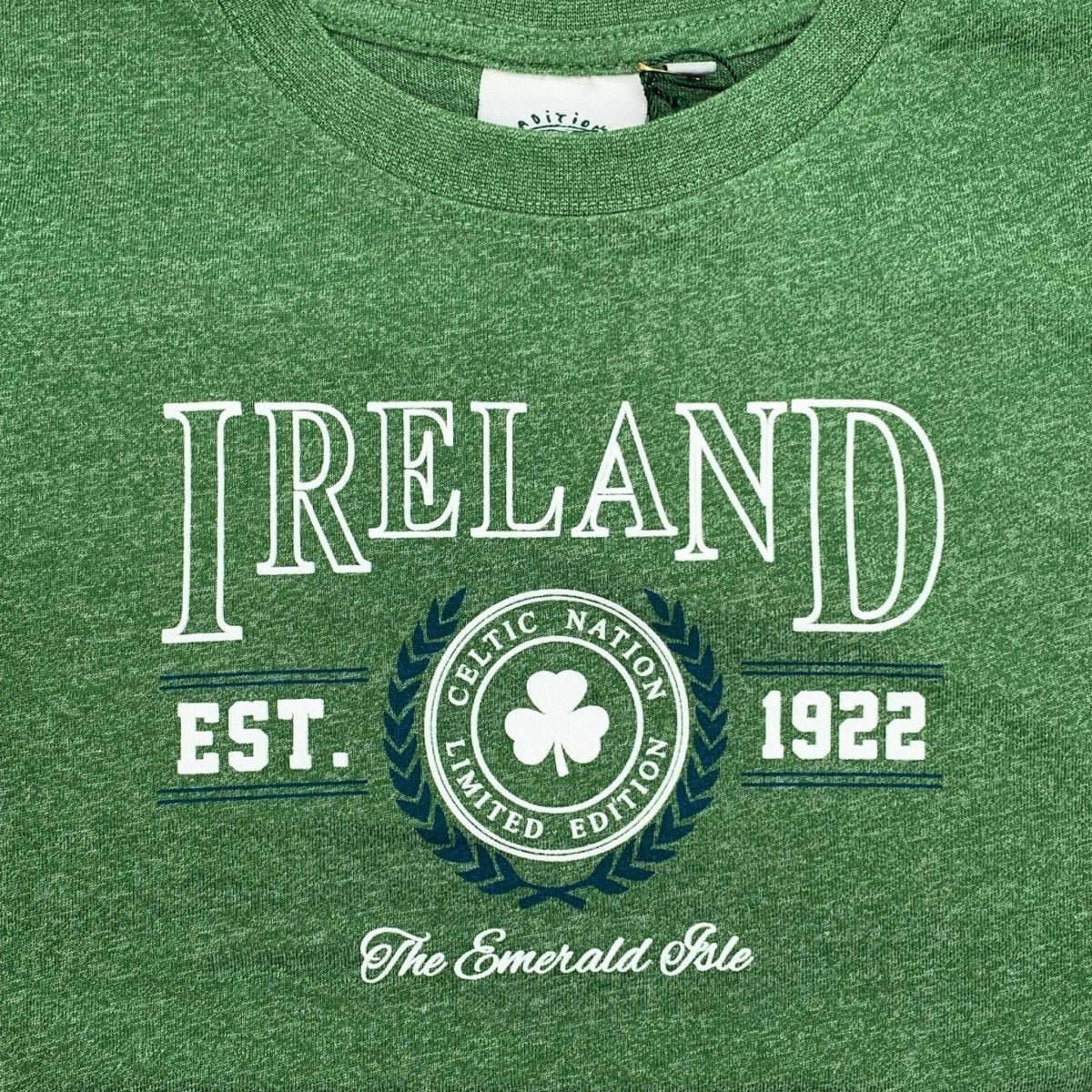 Kids Green Ireland Collegiate T-Shirt with Celtic Nation crest and shamrock, EST. 1922, The Emerald Isle.