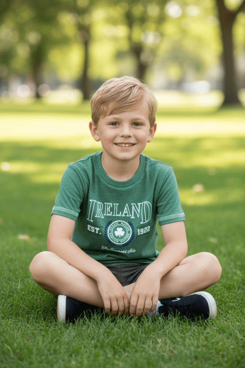 Boy wearing green Ireland collegiate T-shirt with shamrock crest and Est. 1922 on a park lawn.