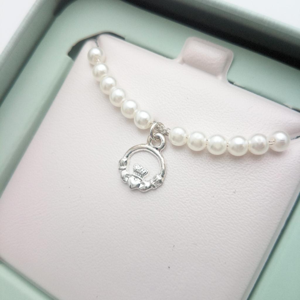 Kid's Rhodium Plated Pearl Claddagh Necklace