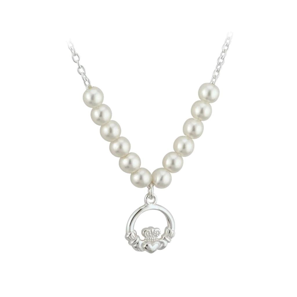 Kid's Rhodium Plated Pearl Claddagh Necklace