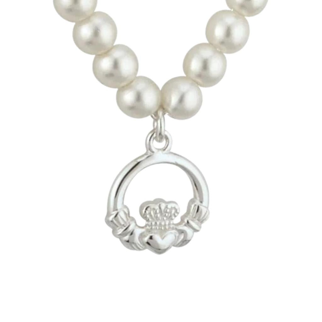 Kid's Rhodium Plated Pearl Claddagh Necklace