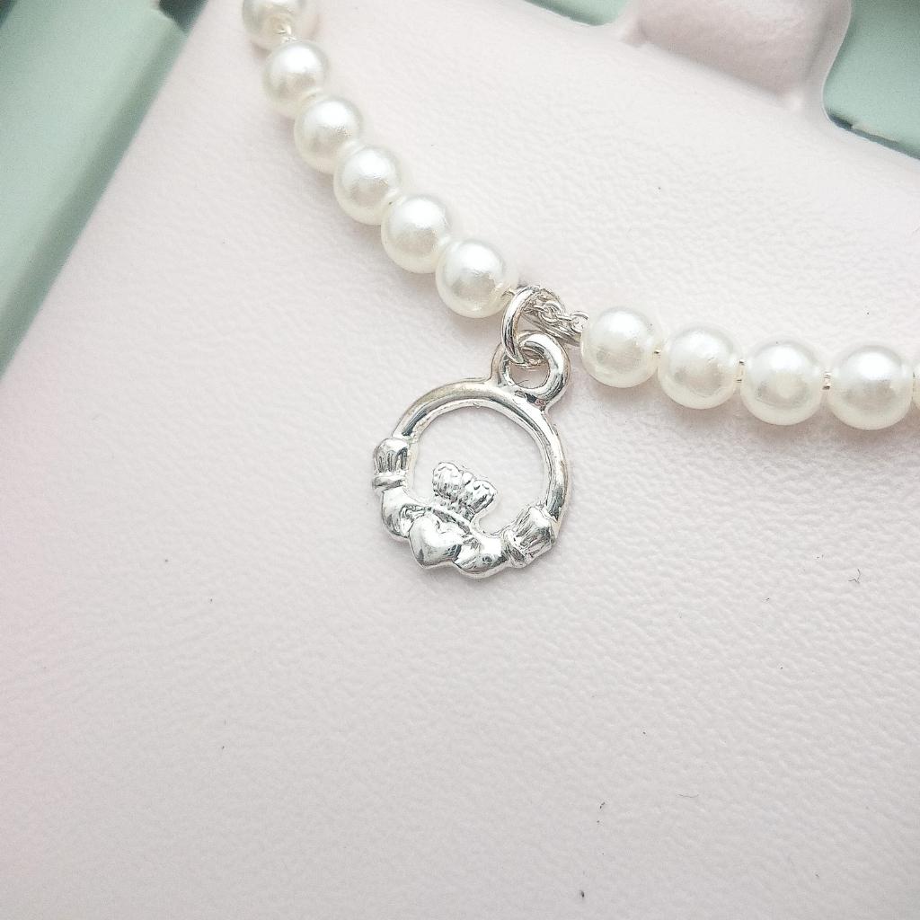 Kid's Rhodium Plated Pearl Claddagh Necklace