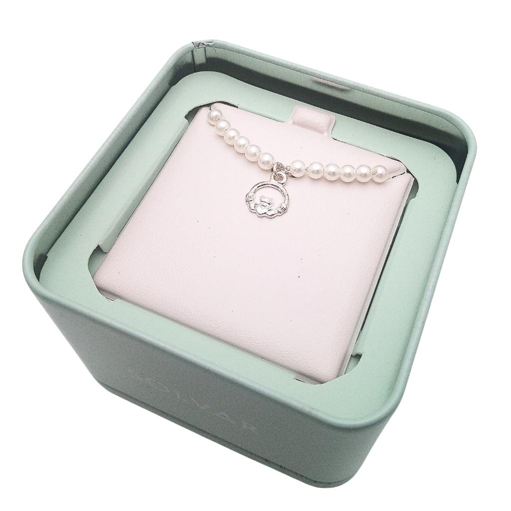 Kid's Rhodium Plated Pearl Claddagh Necklace