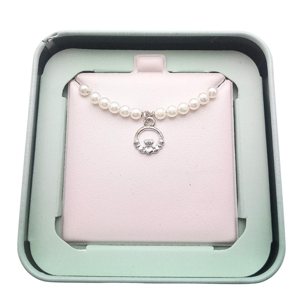 Kid's Rhodium Plated Pearl Claddagh Necklace
