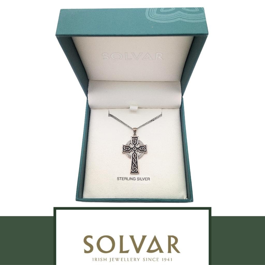 Large Double Sided Oxidized Sterling Silver Celtic Cross On Steel Chain