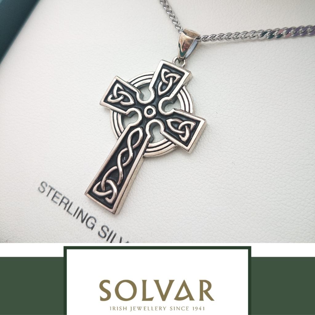 Large Double Sided Oxidized Sterling Silver Celtic Cross On Steel Chain