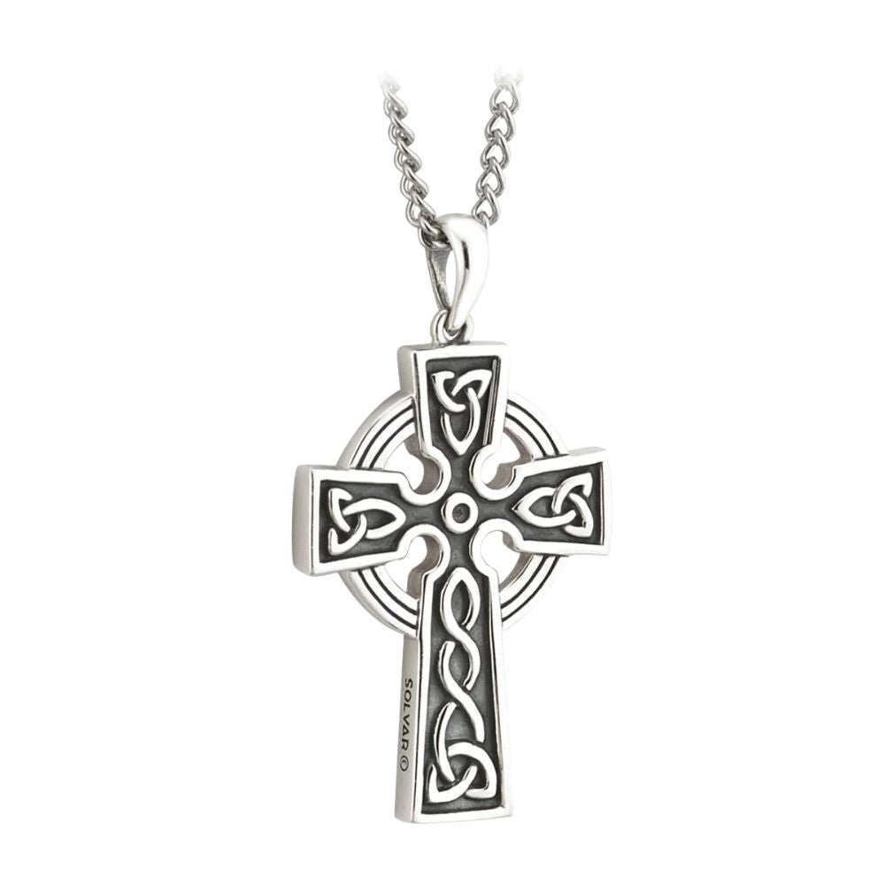 Large Double Sided Oxidized Sterling Silver Celtic Cross on Steel Chain - The Celtic Gift Store - Necklaces
