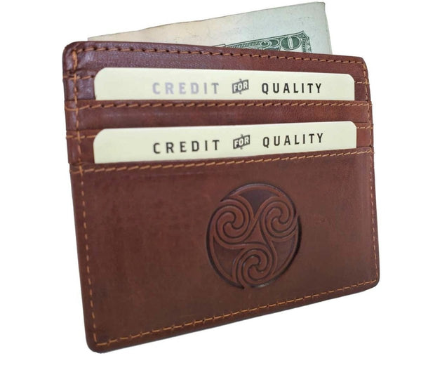 Brown leather wallet with card slots and a circular emblem on a white background