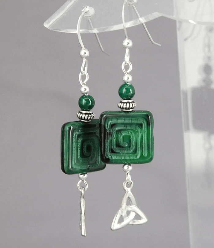 Malachite Square disk with Spiral and Trinity Knot Earrings - The Celtic Gift Store - Earrings
