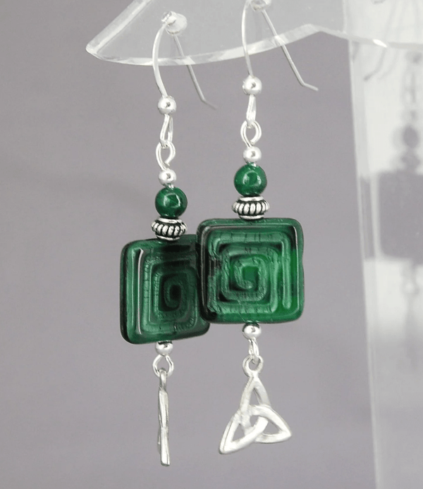 Malachite Square disk with Spiral and Trinity Knot Earrings - The Celtic Gift Store - Earrings