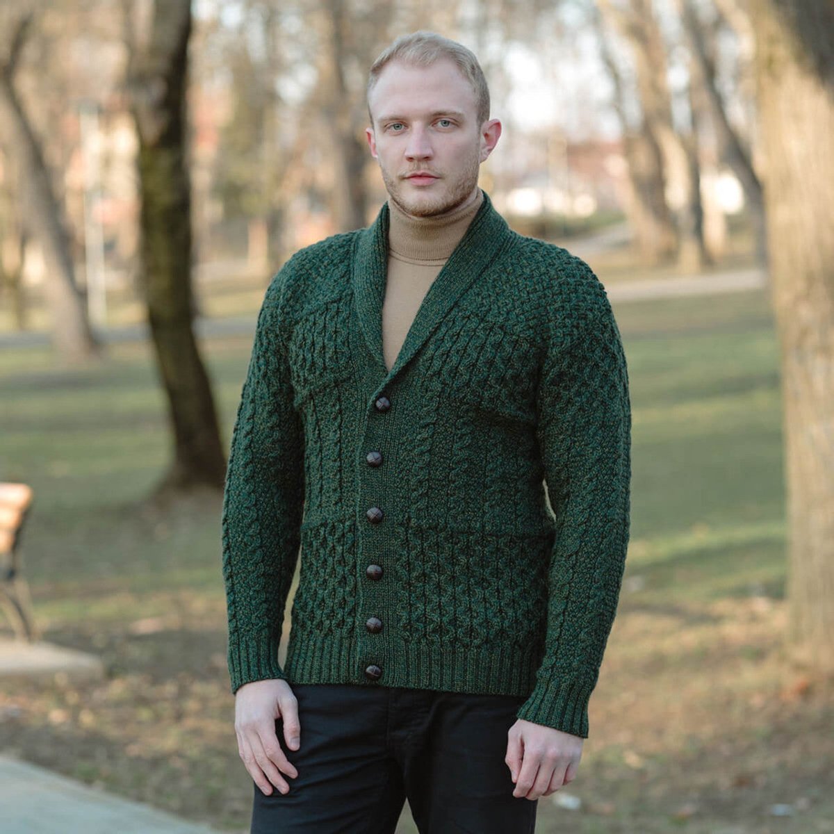 Mens Cable Shawl - Collar Cardigan - The Celtic Gift Store - 