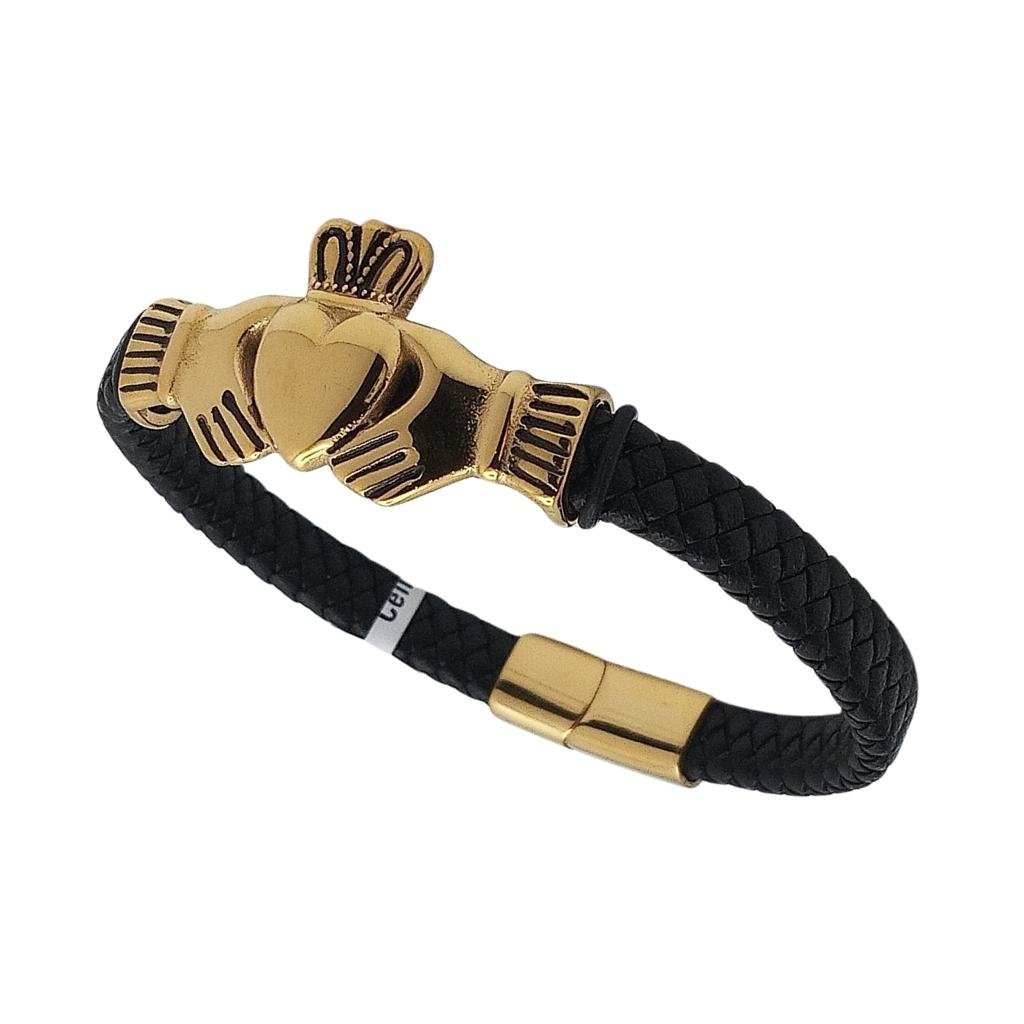 Men's Leather Gold Claddagh Bracelet by Solvar Jewelry - Bracelets