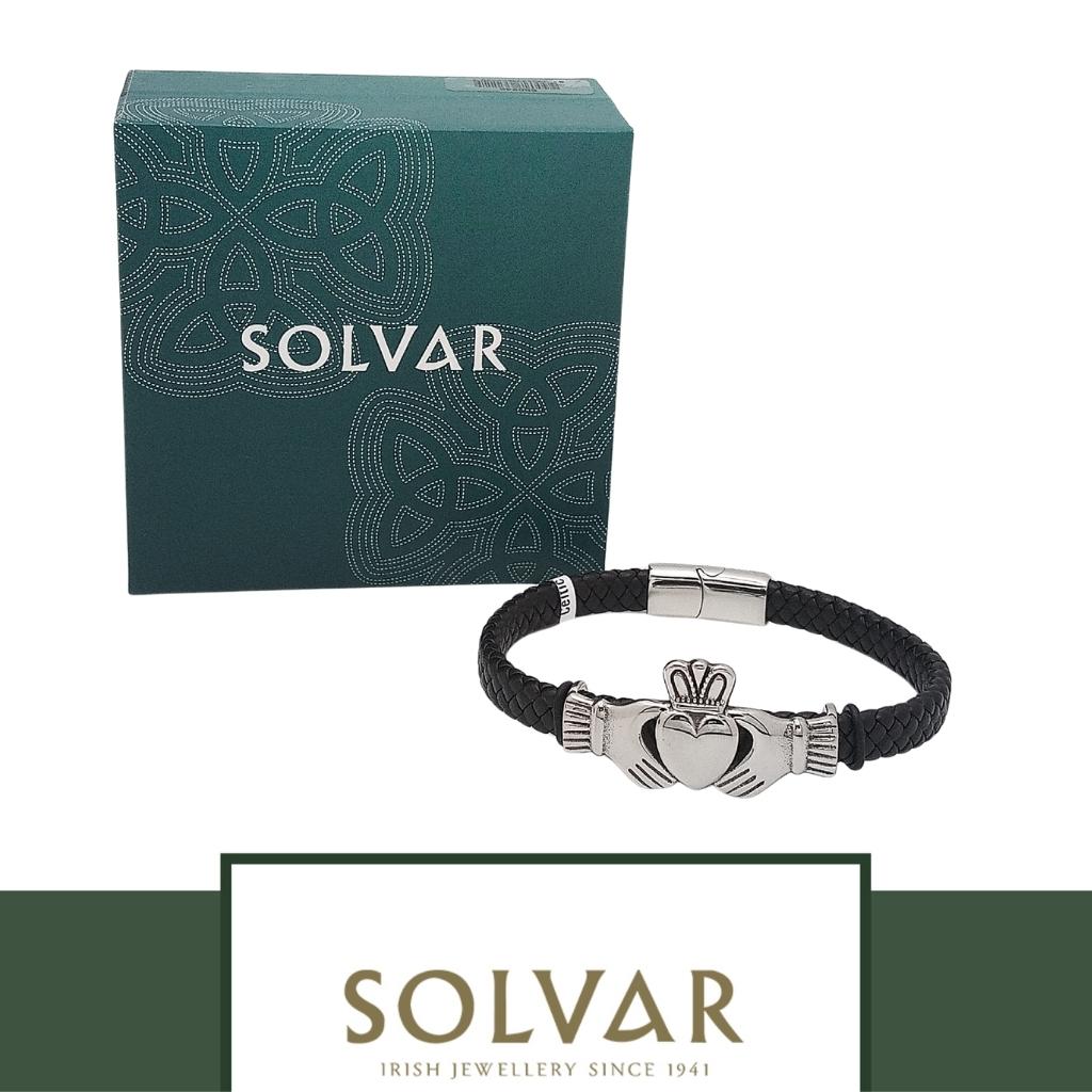 Men's Leather Silver Claddagh Bracelet by Solvar Jewelry - Bracelets