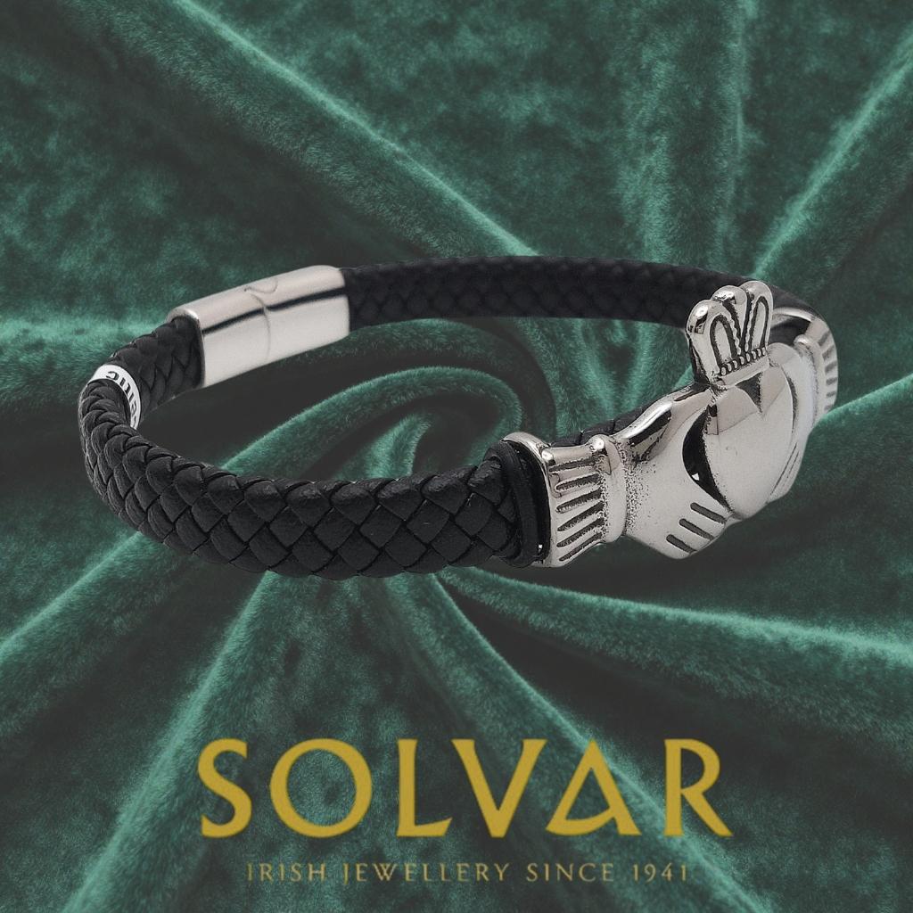Men's Leather Silver Claddagh Bracelet by Solvar Jewelry - Bracelets