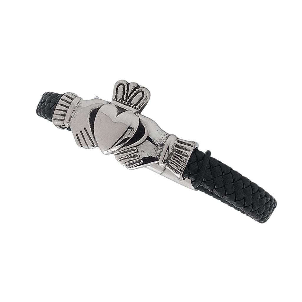 Men's Leather Silver Claddagh Bracelet by Solvar Jewelry - Bracelets