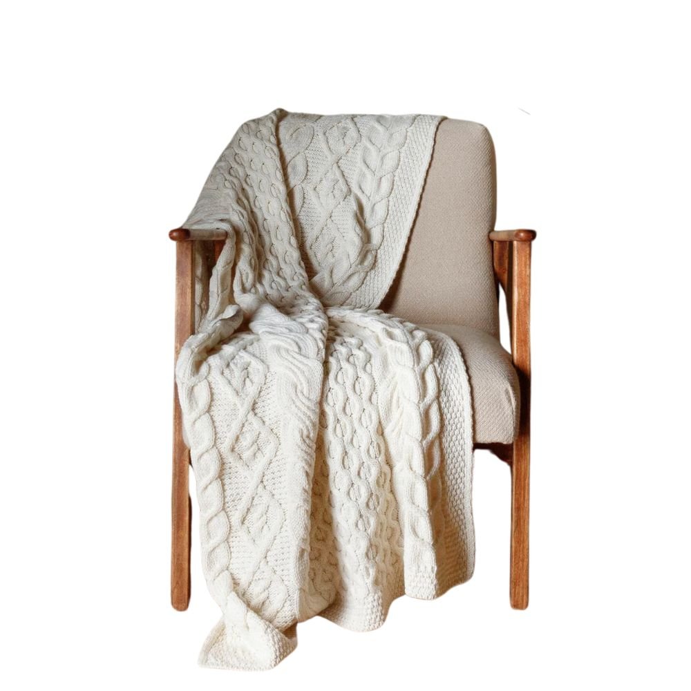 Merino Dugort Honey, Diamond, and Cable Aran Throw - Cream