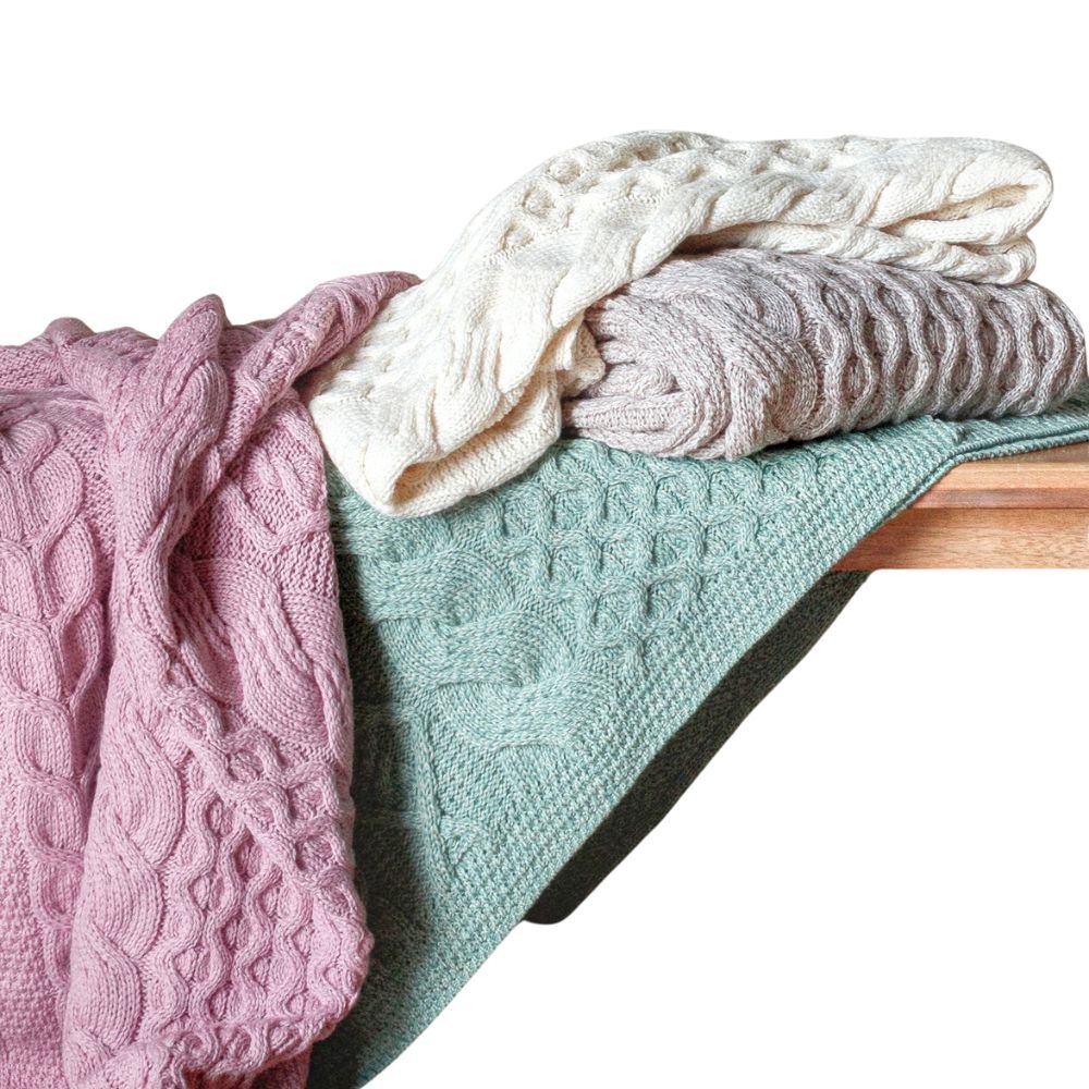 Merino Dugort Honey, Diamond, and Cable Aran Throw - Cream