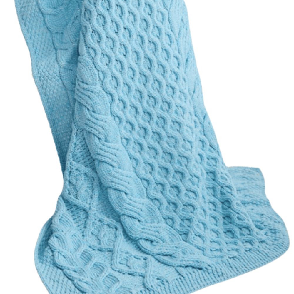 Merino Dugort Honey, Diamond, and Cable Aran Throw - Sky Blue