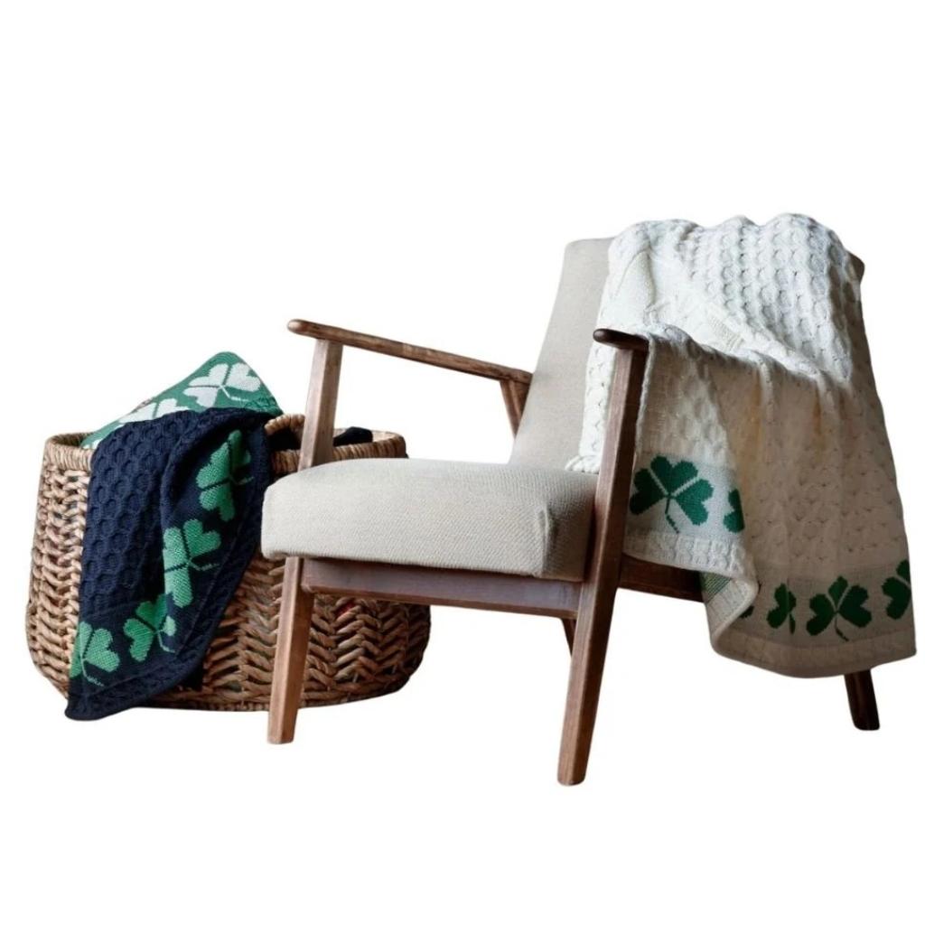 Merino Wool Aran Shamrock Throw - Navy by Aran Woollen Mills - Blankets and Bedding