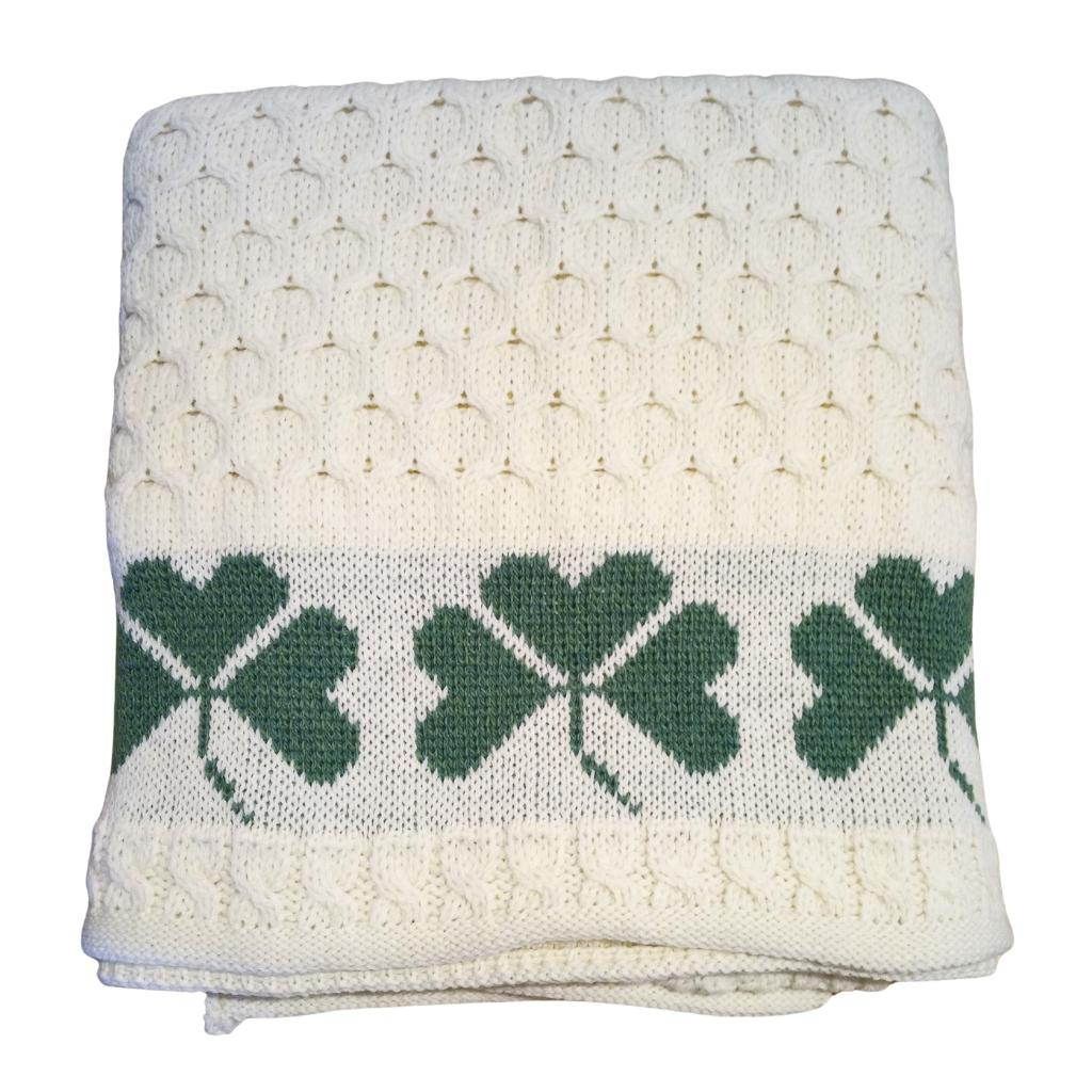 Merino Wool Aran Shamrock Throw - White by Aran Woollen Mills - Blankets and Bedding