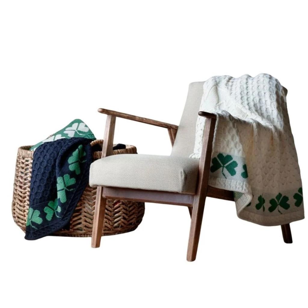 Merino Wool Aran Shamrock Throw - White by Aran Woollen Mills - Blankets and Bedding