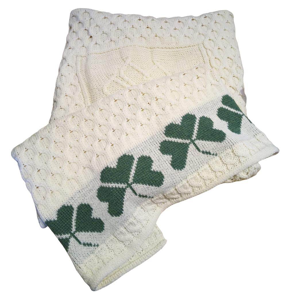 Merino Wool Aran Shamrock Throw - White by Aran Woollen Mills - Blankets and Bedding