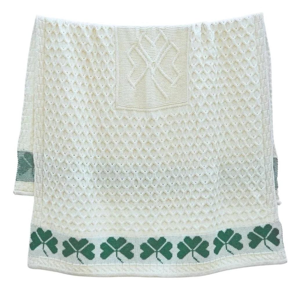 Merino Wool Aran Shamrock Throw - White by Aran Woollen Mills - Blankets and Bedding