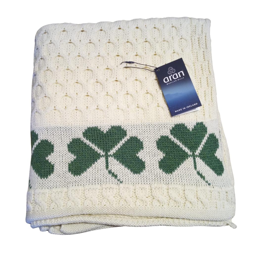Merino Wool Aran Shamrock Throw - White by Aran Woollen Mills - Blankets and Bedding