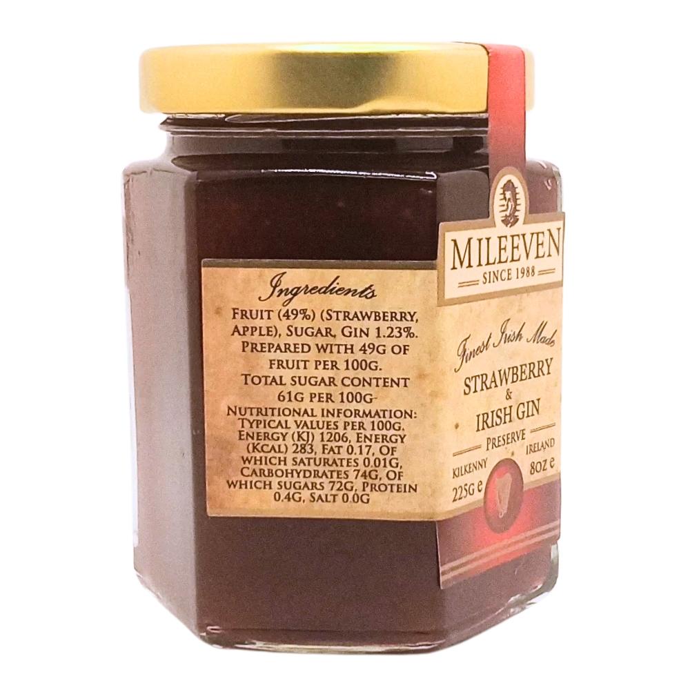 Jar of Mileeven Strawberry & Irish Gin Preserve with gold lid on a white background