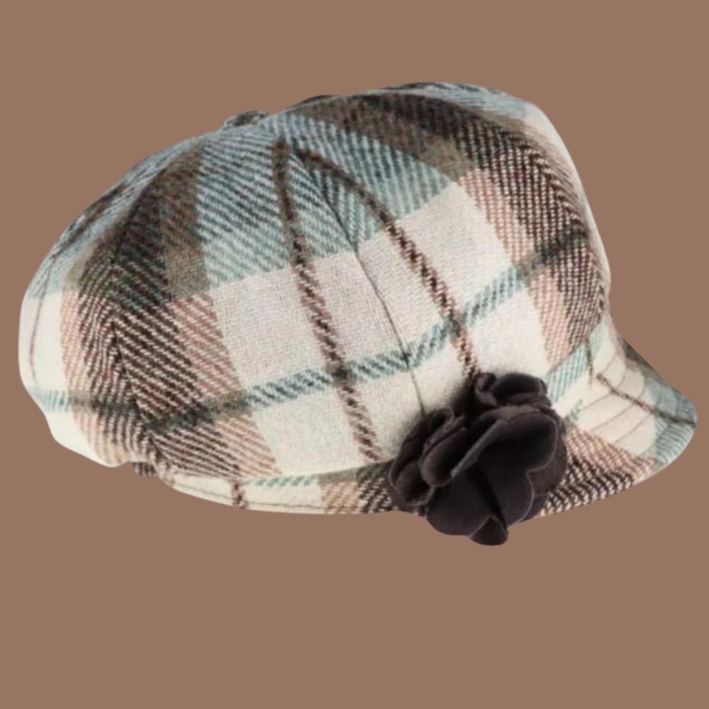 Mucros Weavers Cream and Green Tartan Tweed Newsboy Cap - 6