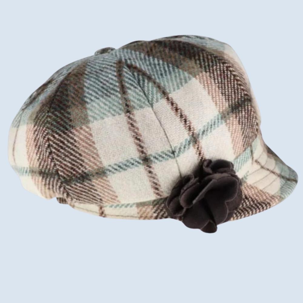 Mucros Weavers Cream and Green Tartan Tweed Newsboy Cap - 6