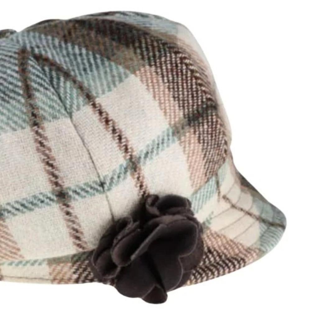 Mucros Weavers Cream and Green Tartan Tweed Newsboy Cap - 6